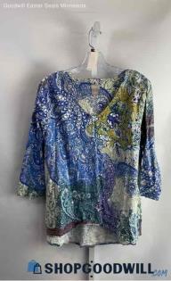 Chico's Women's Blue/Beige Paisley V Neck Top - Sz XL