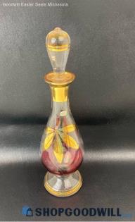 Bohemia Cherry Etched Gold & Red Decanter W/ Stopper Vintage Barware Drinks