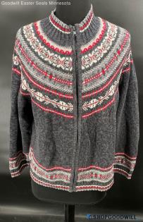 Tiara International Women's Charcoal Grey/Red/White Zipper front sweater - Sz XL