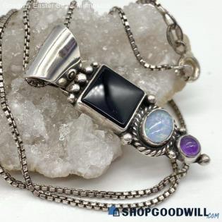 .925 R. J. APACHETO Black Onyx, Opal, Amethyst Necklace 8.00g