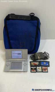 Nintendo DS Lite Silver Handheld Console w/Games Bag Charger - Tested