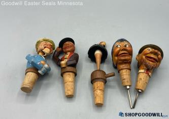 5pc VTG Unbranded Wooden Animated Ballerina & Wine/Liquor Bottle Cork Stoppers