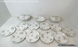 15pc Limoges France Blue Pink Floral Plates, Oval Bowl, Casserole Dishes W/lids