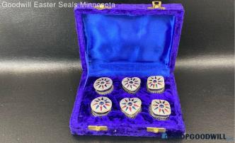 6pc Sparkly Trinket Pill Container Set W/ Purple Velvet Fitted Case Heart Circle