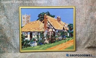 Penelope Vtg "Country Lane" Village Welford-on-Avon Crewel Needlepoint Framed