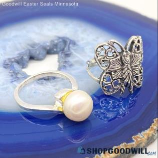 .925 Butterfly & Cultured Pearl Ring Size 5 1/4 & 5 3/4 - 6.90g