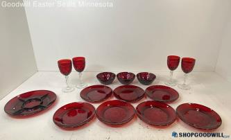 14pc Ruby Red Glass Plates, Wine Glasses, Bowls