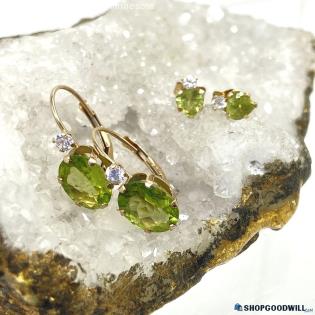 10K Yellow Gold Peridot + CZ Stud + Drop Earrings 1.65g