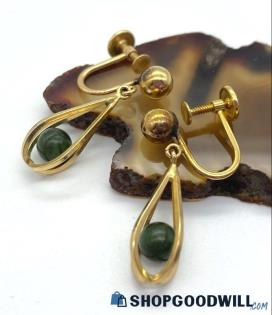 14K Caged Jade Ball Vintage Earrings 2.92 grams