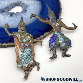 .925 Vintage Siam Enamel Dancing Couple Brooches 15.32g