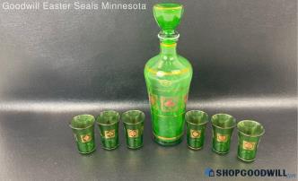 Green 7pc Glass Playing Card Theme Decanter Set W/ Shot Mini Glasses Barware