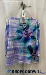 Chico's Women's Purple/Teal Floral Graphic Striped Thin Long Sleeve Shirt Sz 3