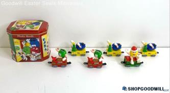 6CP M&M's Mini Plastic Christmas Train Figure Toys W/ Aluminum Tin Can