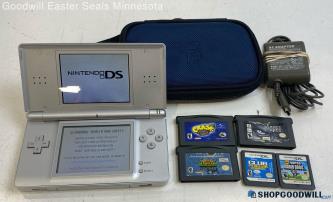 Nintendo DS Lite Silver Handheld Console w/Games Charger Bag - Tested