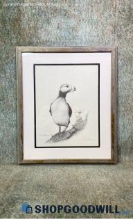 Freda Ballard Signed Puffin Bird Flower 220/250 Wildlife Print Matted & Framed