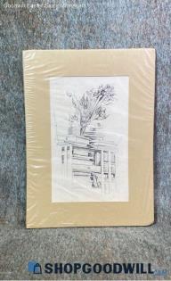 Tom Maakestad Signed Original Vtg Books Flowers Candle Still Life Drawing Matted