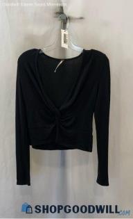 Free People Women's Black V-Neck Twist Long Sleeve Textured Sweater - Sz S