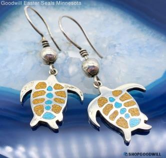 .925 MANOS ANDINAS Multi-Stone Crushed Inlay Sea Turtle Earrings 6.77g