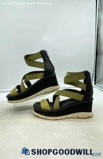 Sorel Women's Joanie III Black/Green Fabric Wedge Strappy Sandals Sz 8