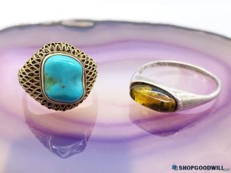 .925 Vintage Amber & Turquoise Filigree Rings 7.28g Sizes 6.75 & 10