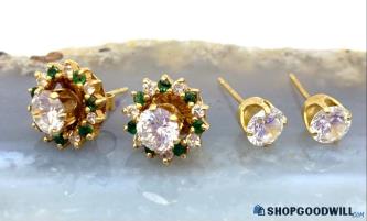 14K Yellow Gold Diamond & Emerald Jackets with Cubic Zirconia Earrings 3.21 g