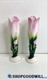 2PC Vintage Lefton China Hand Painted Kw859 Tulip Bud Vase Figurine