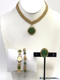 Gold-Filled + Natural Green Stones Vintage Necklace, Bracelets + Brooch 49.82g