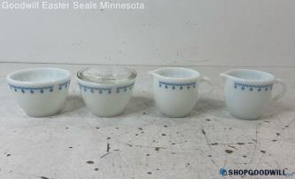 5pc Pyrex & Corning Blue Snowflake Sugar Bowls w/Lid & Creamers