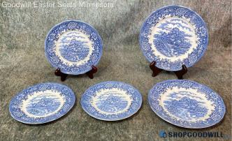 5 "English Village" Salem China Co Olde Staffordshire Engraved Blue 6"-8" Plates