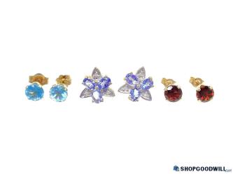 10K Yellow Gold Tanzanite, Garnet, + Blue Topaz Stud Earrings 2.59g