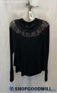 Free People Women's Black Mesh Lace Textured Long Sleeve Knit Blouse - Sz XS