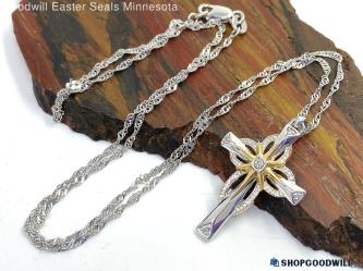 .925 Two-Tone CZ Cross Necklace 18" Long 3.54g