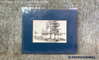 DN Eames Ships/boats Along The Forest Sea Coast River Drawing Repro Print Matted