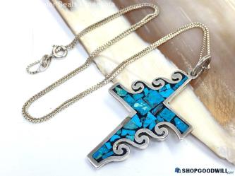 .925 Inlaid Mosaic Turquoise Cross Necklace 9.30g