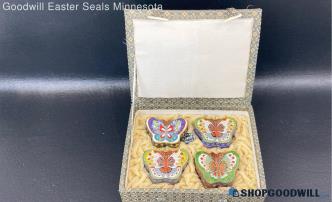 4pc Chinese Cloisonne Butterfly Trinket Pill Boxes In Fitted Case Vintage