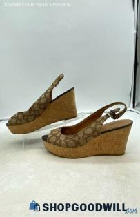 Coach Women's Ferry Beige Fabric Platform Peep Toe Slingback Sandals Sz 9.5