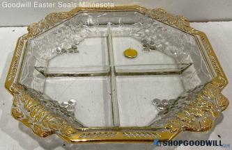 Vntage Gold Glass Platter Sectioned With Etched Fruit