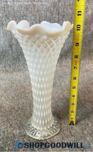 10.5" Milky White Opalescent Diamond Point Glass VTG Swung Vase Home Art Decor