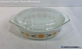 Pyrex Town & Country Pattern White Glass Oval Bowl With Clear Lid 13" X 9" X 4"