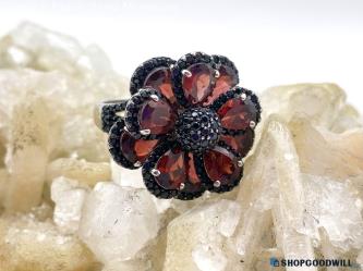 .925 Garnet & Black Onyx Flower Statement Ring 10.66g Size 9