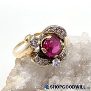 14K Yellow Gold Faceted Ruby CZ Ring Size 7 - 3.84g