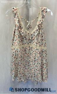 Torrid Women's White/Pink Patterned Ruffle Strap V Neck Peplum Tank Top - Sz 3