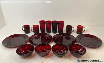 16pc Ruby Red Glass Plates, Tall Glasses, Bowls, Mugs/Cups