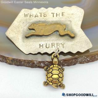 .925 and Brass Tortoise and the Hare "Whatss The Hurry" Brooch 10.03 grams