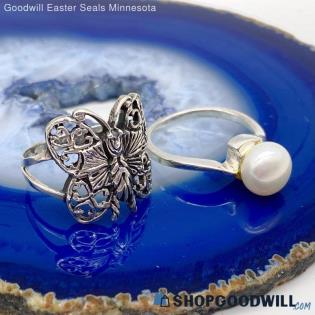 .925 Cultured Pearl & Butterfly Ring Size 6 3/4 & 7 1/2 - 7.12g