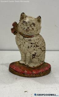 Vintage Cast Iron White Cat With Red Ribbon Doorstop