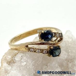 10K Yellow Gold Blue Sapphire Faceted Diamond Accent Ring Size 6 1/2 - 2.34g