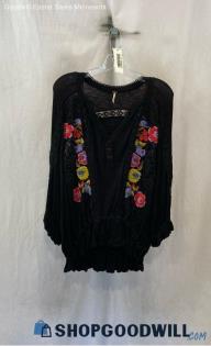 Free People Women's Black Embroidered Flower Knit Lace Textured Blouse - Sz S