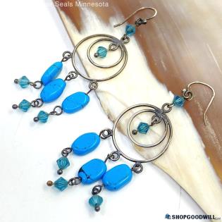 .925 Turquoise Modernist Circle Dangle Earrings 4.31g