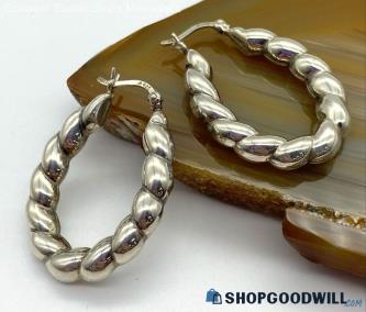 .925 Vintage Ribbed Oval Sterling Hoop Earrings 4.12 grams